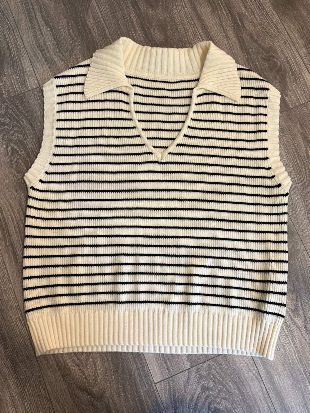 Cream & Black Striped Sleeveless Knit Sweater Vest
